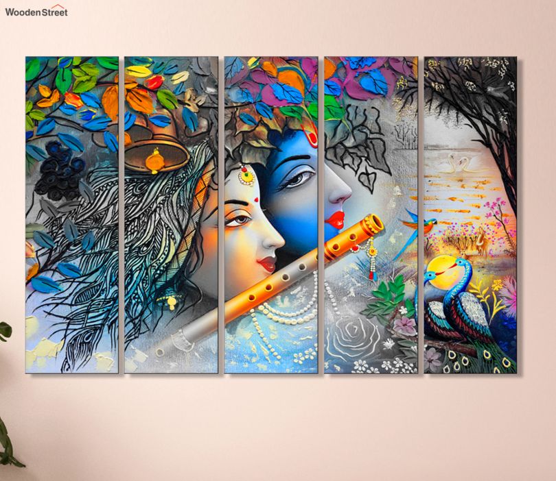 Radha Krishna Colourful MDF Wall Art Panel - Set of 5