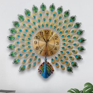 Modern Analog Clock - 3D Peacock Feather Metal Wall Clock In Large