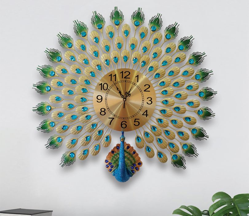 Modern Analog Clock - 3D Peacock Feather Metal Wall Clock In Large