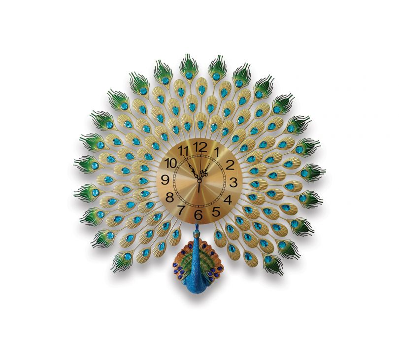 Modern Analog Clock - 3D Peacock Feather Metal Wall Clock In Large - Image 2
