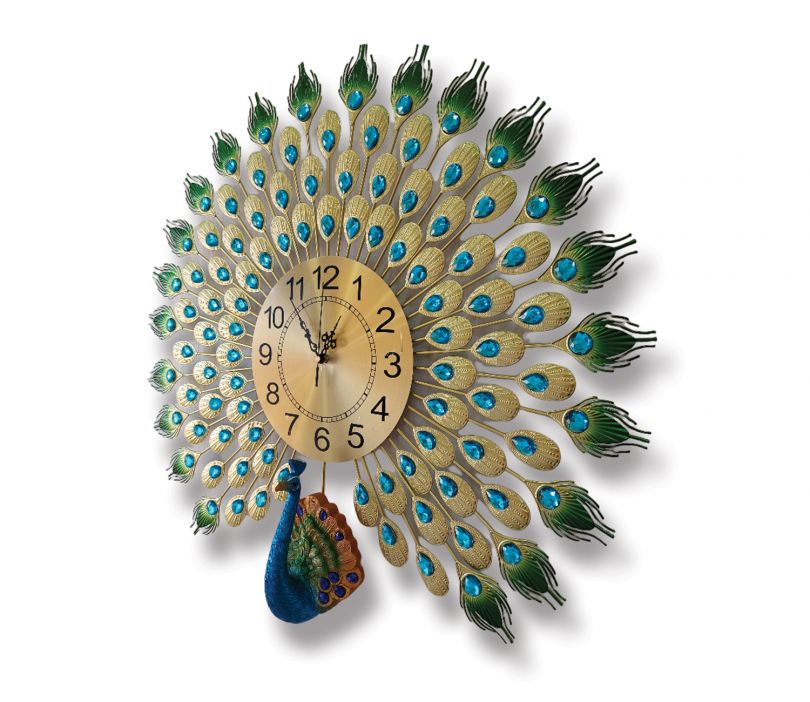 Modern Analog Clock - 3D Peacock Feather Metal Wall Clock In Large - Image 3