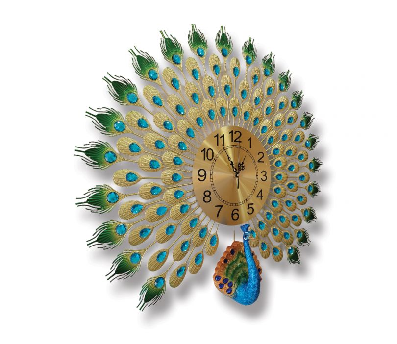 Modern Analog Clock - 3D Peacock Feather Metal Wall Clock In Large - Image 4