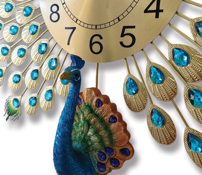 Modern Analog Clock - 3D Peacock Feather Metal Wall Clock In Large - Image 6